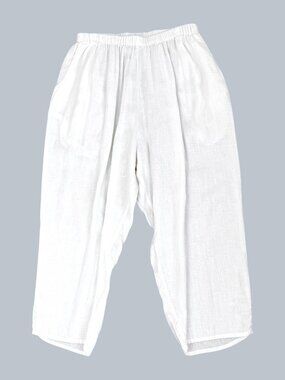 Flax Linen Pants White Cropped Pull On Coastal (L)